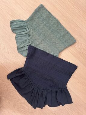 Free People Peplum Strapless Ruffle Tops - Sage Green & Navy